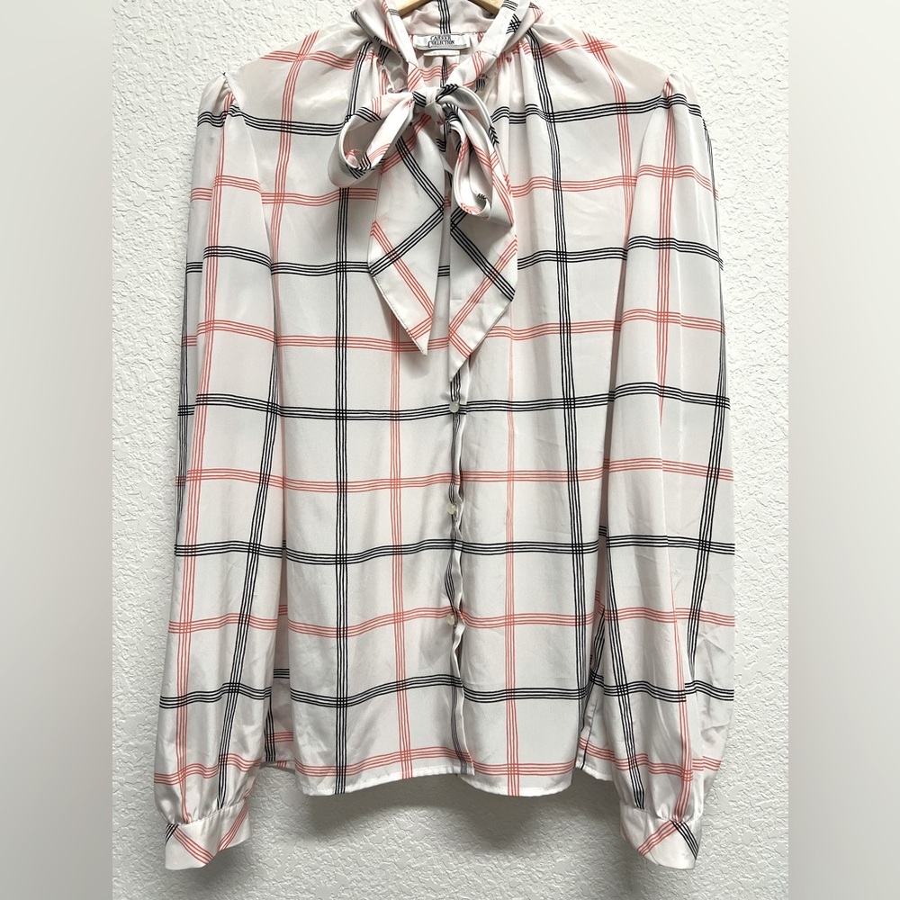 Vintage Plaid Bow Tie Blouse - White and Red L